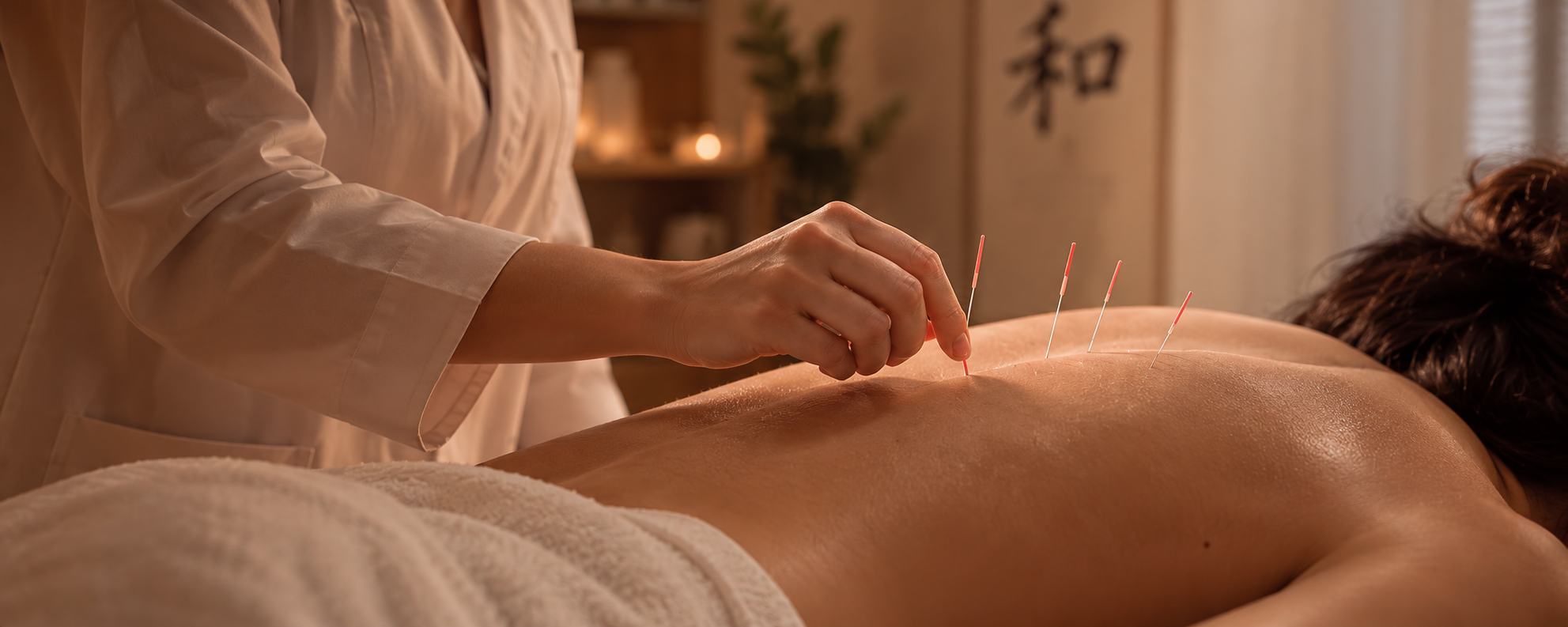 Profissional realizando acupuntura de forma delicada